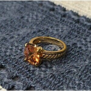 Signed Lia Sophia vintage goldtone orange crystal ring, gold jewelry, 050